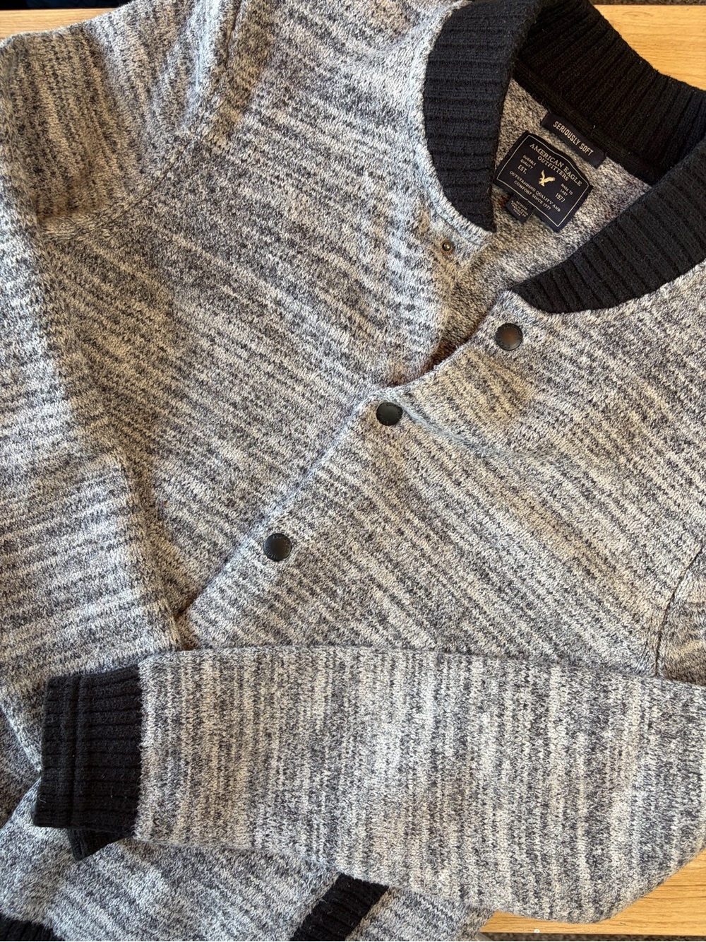 American Eagle Mens Medium Seriously Soft Knit Bomber Cardigan Jacket Marl Grey